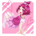 1girl :d blush dokidoki!_precure hair_ribbon half_updo heart looking_back marblewars open_mouth outstretched_arm outstretched_hand personification pink_background pink_eyes pink_hair precure ribbon sharuru_(dokidoki!_precure) short_hair short_sleeves sitting skirt smile solo thighhighs white_legwear 