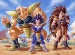  3boys angry armor bald black_hair bodysuit boots bracer brown_hair crossed_arms dragon_ball dragon_ball_z facial_hair frown gloves highres long_hair multiple_boys mustache nappa open_mouth raditz scouter space_craft spiky_hair tail vegeta veins very_long_hair yosui 