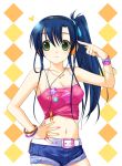  bad_id belt blue_hair green_eyes hand_on_hip headphones jewelry long_hair midriff nail_polish navel necklace original p.kibi pointing ring short_shorts shorts side_ponytail solo 