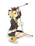  bad_id blonde_hair full_body hair_ribbon highres kagamine_rin lips microphone microphone_stand ribbon shoes short_hair shorts simple_background sitting solo thigh-highs thighhighs vocaloid white yama_(piapro) yama_(sumikarasu) 