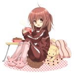  blush brown_eyes brown_hair cat cup flat_chest food izumi_rei kneehighs loli original pillow sleeves_past_wrist sleeves_past_wrists slippers smile socks solo table track_jacket 