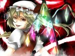  bow empty_eyes flandre_scarlet glowing hair_bow hat hat_ribbon jukka looking_back necktie open_mouth red_eyes ribbon short_hair short_sleeves side_ponytail smile solo touhou wings 
