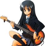  1girl akiyama_mio black_hair guitar instrument k-on! long_hair school_uniform simple_background sitting smile solo tsurukou_(tksymkw) white_background 