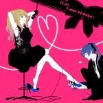  birthday blonde_hair blue_eyes blue_hair closed_eyes dress english feet heart high_heels highres long_hair macross macross_frontier microphone ponytail saotome_alto sheryl_nome shoe_dangle shoes text wings_(tsubasawings) 