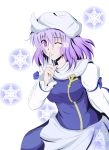  finger_to_mouth fuoco hat large_breasts letty_whiterock purple_eyes purple_hair short_hair snowflakes solo touhou violet_eyes wink 