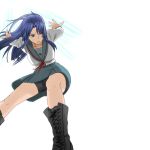  asakura_ryouko blue_eyes blue_hair boots combat_boots long_hair school_uniform shorts spikes suzumiya_haruhi_no_yuuutsu upskirt 