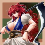  breasts cleavage hair_bobbles hair_ornament large_breasts onozuka_komachi ootsuki_wataru red_eyes red_hair redhead scythe solo touhou twintails 