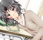  1girl amagami blush desk lowres lying maimai open_collar smile solo sweater tanamachi_kaoru 