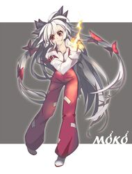  fire fujiwara_no_mokou hair_bow hair_ribbon kousou long_hair red_eyes ribbon silver_hair suspenders touhou 