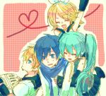  aqua_hair bad_id blonde_hair blue_eyes blue_hair detached_sleeves hatsune_miku headset kagamine_len kagamine_rin kaito long_hair scarf short_hair siblings skirt smile twintails vocaloid yuzumi 