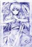  blue floating_object hat kamishirasawa_keine long_hair monochrome pose sword touhou traditional_media vent_arbre weapon 