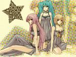  blue_eyes dress hatsune_miku kagamine_rin long_hair megurine_luka midriff monzuki pink_hair short_hair smile twintails vocaloid 