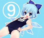  blue_eyes blue_hair bow cirno hair_bow one-piece_swimsuit school_swimsuit short_hair solo swimsuit touhou wings yu_(pixiv) ⑨ 