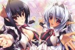  2girls absurdres ahoge black_hair blush breasts cleavage dark_skin feathers female hands highres horns large_breasts long_hair luiana_drawers magic_circle maid maid_headdress multiple_girls nail_polish outstretched_arm outstretched_hand pink_eyes pointy_ears reaching red_eyes ribbon sensia_lindorf silver_hair smile source_request yatsuha_kanan zettai_maou 