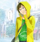  akizuki_ryou bag brown_eyes brown_hair casual glasses hoodie idolmaster short_hair translated translation_request yachiwo 