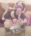  belt blue_eyes cd engrish feet headphones long_hair lying megurine_luka midriff navel on_side pink_hair ranguage soles takoluka tentacles urushizawa_takayuki vocaloid 