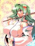  bad_id bare_shoulders breasts crop_top detached_sleeves green_hair hair_ornament kochiya_sanae large_breasts long_hair midriff open_mouth sideboob solo symbol-shaped_pupils tongue touhou tro 