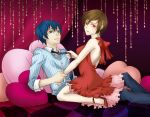  blue_hair brown_hair couple dress girl_on_top heart heart_pillow high_heels kaito meiko necktie pillow red_dress red_eyes sabo sabo_(srapenil) shoes short_hair smile vocaloid world_is_mine_(vocaloid) 