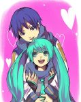  aqua_hair blue_eyes blue_hair detached_sleeves hatsune_miku heart hug kaito long_hair necktie scarf shared_scarf smile twintails very_long_hair vocaloid yama_(piapro) yama_(sumikarasu) 