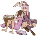  barefoot brown_hair bunny_ears feet inaba_tewi kishiinu long_hair purple_hair rabbit_ears red_eyes reisen_udongein_inaba shoes short_hair socks soles toes touhou 