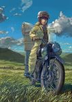  cloud clouds coat gloves grass hat hermes kino kino_no_tabi motor_vehicle motorcycle reise reverse_trap short_hair sky tomboy vehicle 