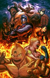  armor brocken_jr brocken_jr. buffaloman faceplate fire hat helmet horns kinnikuman kinnikuman_(character) male multiple_boys peaked_cap ramenman rikishiman robin_mask sweat terryman ug visor_(armor) warsman wolfman 