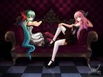  aqua_eyes aqua_hair blue_eyes butterfly_hair_ornament checkered couch dress hair_ornament hatsune_miku headphones klamp legs long_hair magnet_(vocaloid) megurine_luka multiple_girls pantyhose pink_hair pink_legwear sitting thigh-highs thighhighs twintails very_long_hair vocaloid world_is_mine_(vocaloid) 