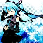  aqua_hair closed_eyes detached_sleeves hatsune_miku headphones long_hair necktie pipetto smile solo twintails vocaloid 