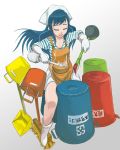  apron bad_id blue_hair broom bucket chanchan cleaning_brush closed_eyes drum drum_set drumming drumsticks dustpan earbuds earphones gloves highres instrument long_hair maid no_shoes open_mouth original plunger skirt socks solo striped trashcan 