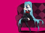  adjusting_hair aqua_eyes aqua_hair casual couch hatsune_miku legs long_hair pipetto short_dress side_ponytail simple_background sitting solo thigh-highs thighhighs very_long_hair vocaloid world_is_mine_(vocaloid) zettai_ryouiki 
