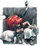  belt breasts cleavage dark_skin fur long_hair red_hair redhead shut_hell shut_hell_(character) solo squat squatting sword tan weapon 