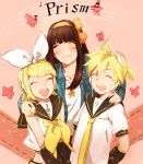  brown_hair character_request closed_eyes flower hair_ribbon headphones kagamine_len kagamine_rin mitosa ribbon siblings smile twins vocaloid 