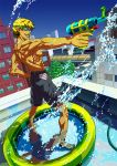  blonde_hair city goggles grin hand_on_hip hips male manabu_adachi muscle original reflection rooftop shirtless shorts smile solo tan wading_pool water water_gun 