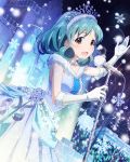  1girl artist_request blue_hair brown_eyes curly_hair dress flower gloves idolmaster idolmaster_million_live! jewelry microphone necklace night official_art open_mouth short_hair singing snow solo tiara tokugawa_matsuri 