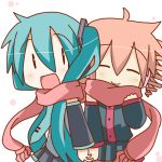  2girls :d chibi chibi_miku drill_hair hand_holding hatsune_miku holding_hands kasane_teto minami_(colorful_palette) multiple_girls scarf shared_scarf utau vocaloid 