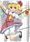  apple bad_id blonde_hair bloomers fang flandre_scarlet food fruit hat highres holding holding_fruit jumping nakayama_miyuki open_mouth outstretched_arm ponytail red_eyes short_hair side_ponytail smile solo tareme touhou wings 