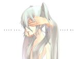  covering_eyes face green_hair hands hatsune_miku long_hair simple_background takekono topless twintails vocaloid 