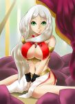  1girl bare_shoulders breasts character_request green_eyes long_hair looking_at_viewer lord_of_vermilion midriff navel silver_hair sitting smile solo souren under_boob wariza 