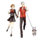  bandage bandages blush bow closed_eyes couple dog female_protagonist_(persona_3) hair_ornament hairclip headphones holding_hands koromaru persona persona_3 persona_3_portable sanada_akihiko school_uniform short_hair skirt smile yomugi 