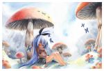 barefoot blue_hair bow butterfly emperpep feet grass hair_bow long_hair mushroom outside rain solo traditional_media watercolor_(medium) yellow_eyes 