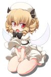  :o bare_legs barefoot blonde_hair blush bowtie dress_flip drill_hair embarrassed fairy_wings hat luna_child mamo panties red_eyes short_hair simple_background solo squatting touhou underwear wings 