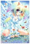  animal_ears barefoot blush bunny_ears bunny_tail cloud emperpep feet flower gradient gradient_hair multicolored_hair outside purple_eyes rabbit_ears solo tail traditional_media violet_eyes watercolor_(medium) 