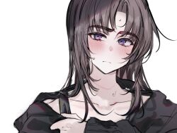  1boy ayase_ayato_(imamiya_pinoko) black_hair blush brown_hair imamiya_pinoko long_hair original portrait solo sweat thick_eyebrows violet_eyes white_background 