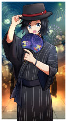 1boy :d aerial_fireworks alternate_costume black_hair black_hat black_kimono blue_eyes blurry blurry_background bracelet calem_(pokemon) character_print commentary_request fireworks flabebe flabebe_(red_flower) flabebe_(yellow_flower) hand_on_headwear hat highres holding holding_paddle japanese_clothes jewelry kimono male_focus night open_mouth outdoors paddle pokemon pokemon_xy short_hair sky smile solo standing tile_floor tiles yyukisnow 