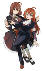  2girls ahoge armband black_jacket black_pants black_shoes blue_eyes bow bowtie brown_armband brown_coat brown_hair brown_necktie brown_shoes coat collared_shirt full_body green_bow green_bowtie hair_ornament hairclip highres hod_(project_moon) jacket library_of_ruina lobotomy_corporation long_hair long_sleeves looking_at_another looking_at_viewer multiple_girls nakame77 necktie open_mouth pants pantyhose project_moon shirt shoes simple_background standing white_background white_pantyhose white_shirt 
