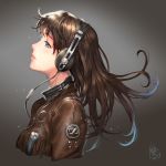  1girl blue_eyes brown_hair headphones highres jacket lips logo long_hair original sennheiser solo yilee 