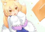  1girl aburaage animal_ears blonde_hair fang food fox_ears fox_tail long_sleeves multiple_tails no_hat open_mouth oversized_clothes pov_feeding smile sparkle tabard tail touhou white_background yakumo_ran zannen_na_neko 