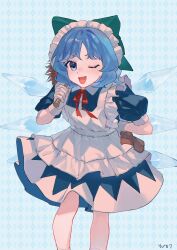  1girl :d absurdres alternate_costume apron blue_background blue_dress blue_eyes bow cindy717 cirno cleaning_rag collared_dress commentary_request dress duster feet_out_of_frame green_bow hair_bow hand_on_hilt highres holding holding_duster holding_rag ice ice_wings light_blush maid_apron maid_headdress medium_hair one_eye_closed open_mouth patterned_background puffy_short_sleeves puffy_sleeves red_ribbon ribbon short_sleeves smile solo touhou white_apron wings 