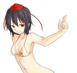  1girl bikini black_hair hat miyo_(ranthath) red_eyes shameimaru_aya solo swimsuit tokin_hat touhou 