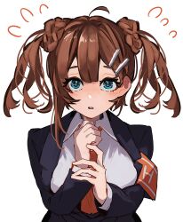  1girl :o ahoge alternate_hairstyle armband black_jacket blue_eyes braid breasts brown_hair collared_shirt hair_ornament hairclip highres hod_(project_moon) jacket large_breasts lobotomy_corporation long_hair long_sleeves looking_at_viewer nakame77 necktie open_mouth orange_armband orange_necktie project_moon shirt simple_background solo twintails upper_body white_background white_shirt 
